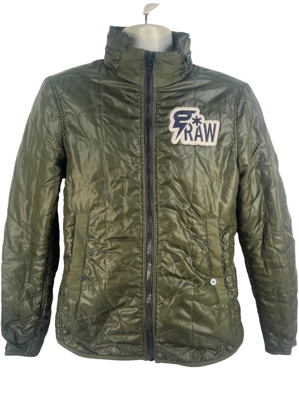 G Star RAW Puffer Jacket Mens XL Green Full Zip Hooded Embroidered Shacket